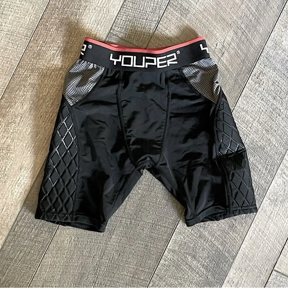 New! Youper Youth Elite Padded, Compression Sliding Pants, Black and Gray. Small